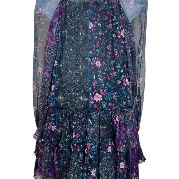 Ramy Brook Silk Ruffle Mini Dress Black Purple Paisley Floral Cocktail Boho Med - Picture 9 of 12